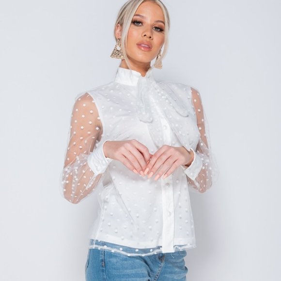 Polka Dot High Neck Long Sleeve Pussy Bow Blouse - Picture 2 of 7